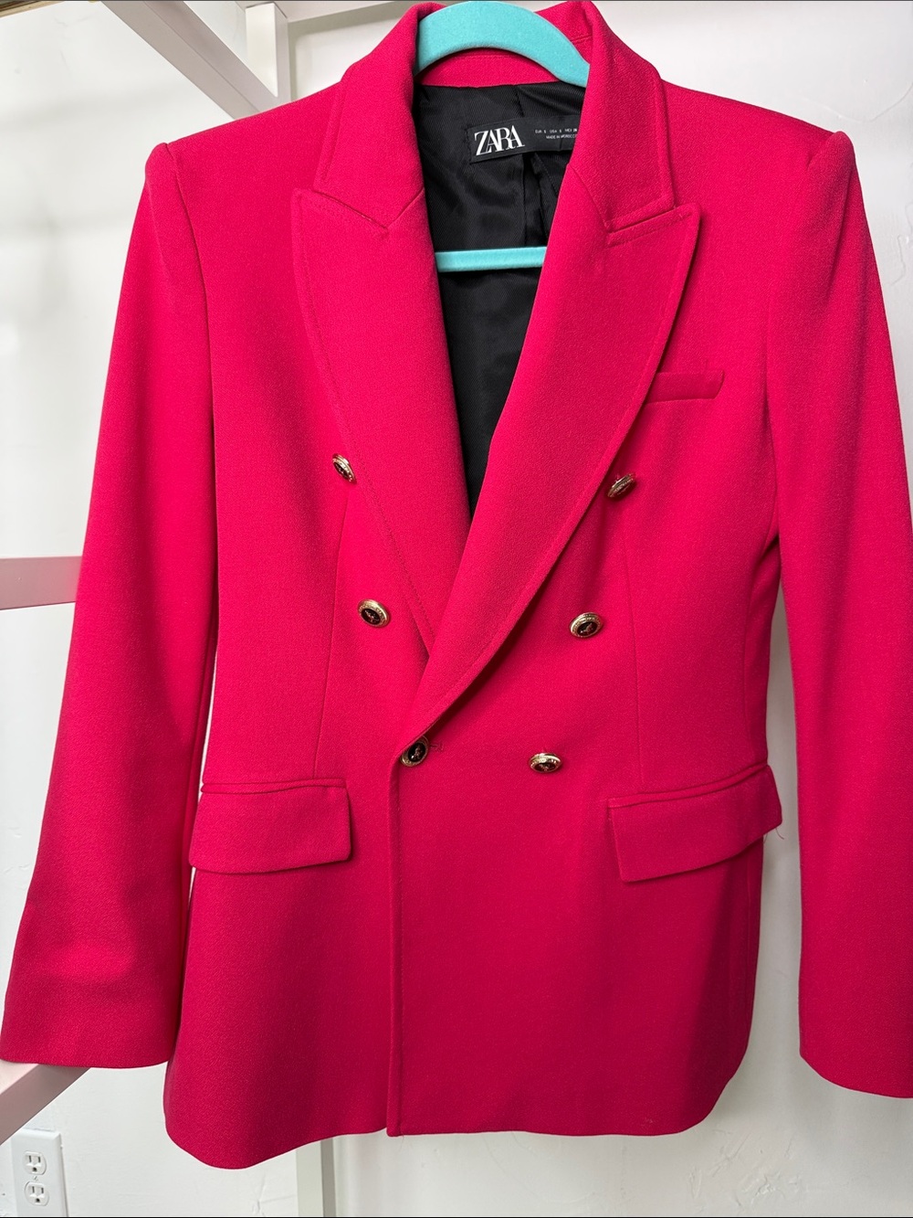 Zara Fuchsia Double-Breasted Blazer Gold Button Size Small